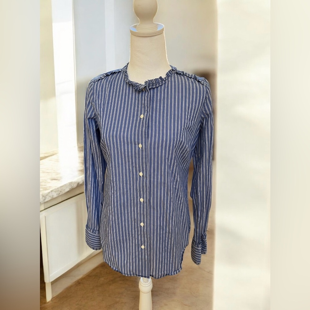 Ann Taylor Navy and White Striped Blouse